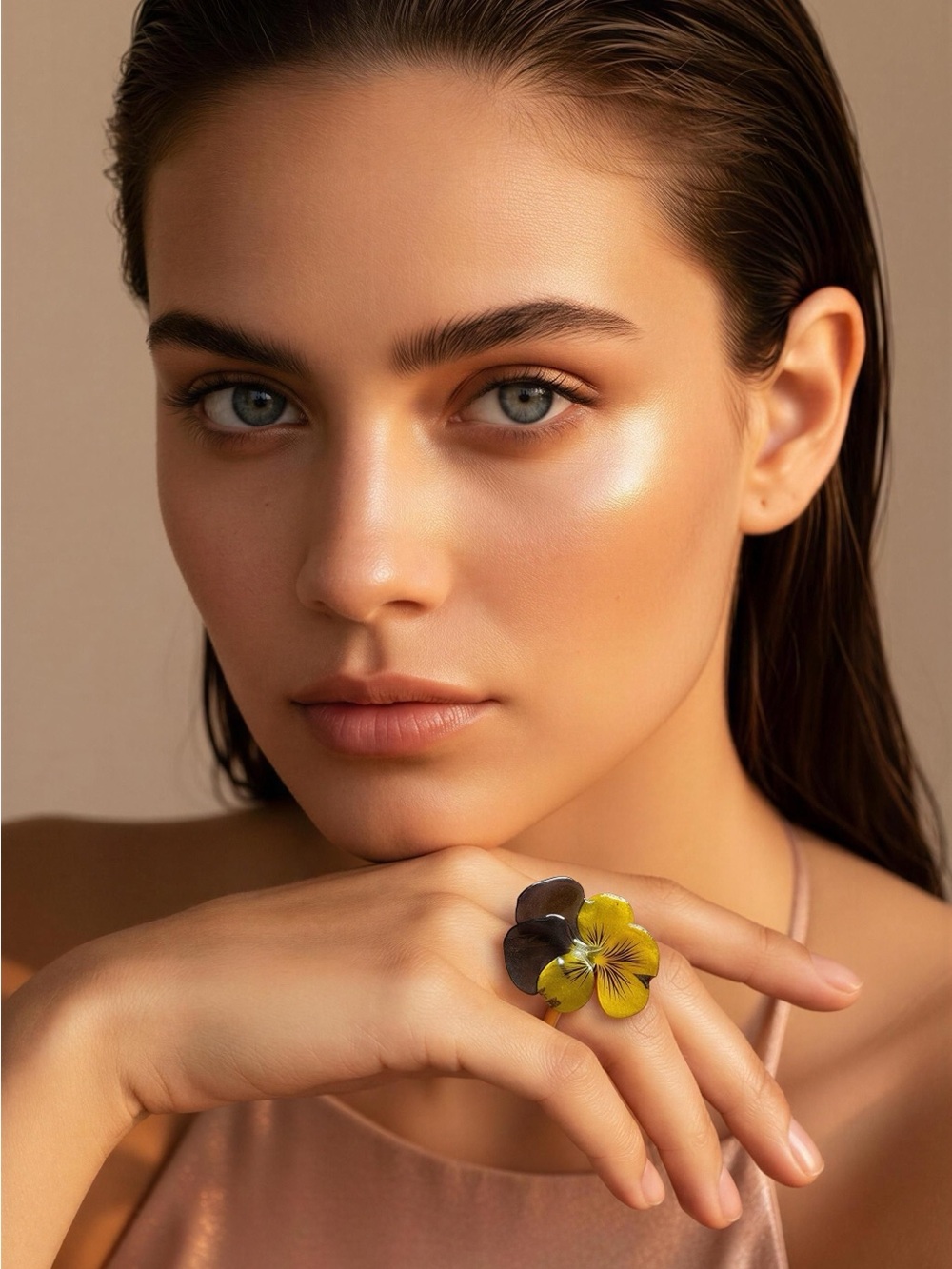 Yellow Brown Flower Statement Ring